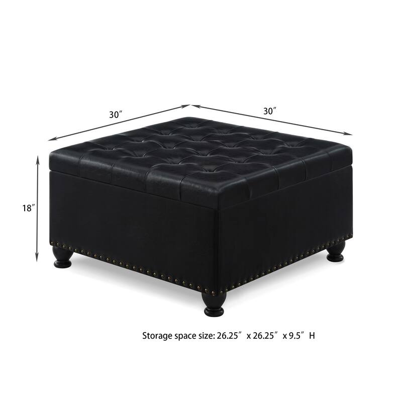 30" Faux Leather Storage Ottoman with Nail Trims & Wooden Legs - Multi-Use