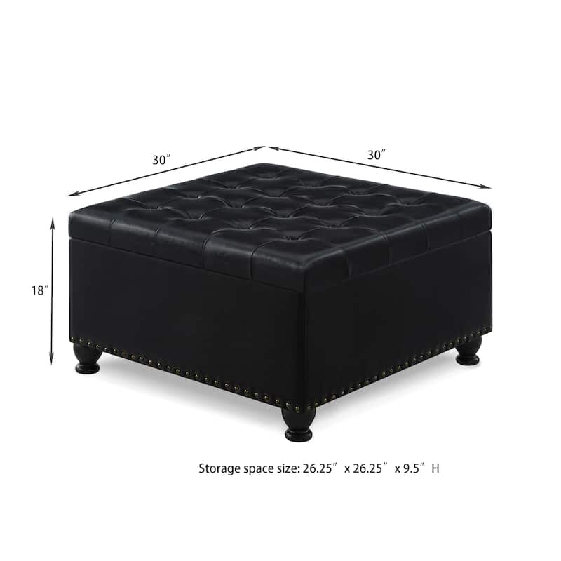 Large square storage ottoman with wooden legs, Upholstered button tufted coffee table with nail trims for Living Space