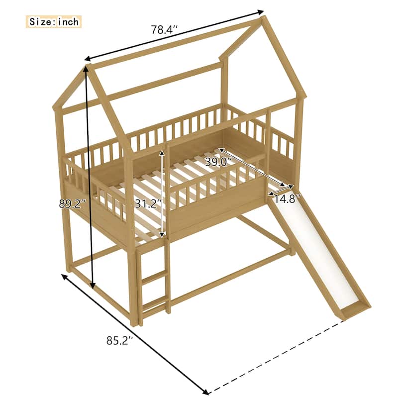 Twin Size House Bunk Bed with Slide and Ladder, Low Profile Wooden Frame with Guardrails, Convertible Entry Options