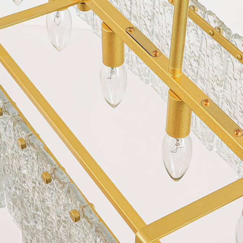 8-Light Gold Rectangular Chandelier with Water-Ripple Glass for Dining Room - 41.7 in. W x 11 in. D x 11.8 in. H