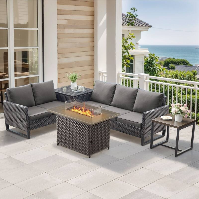 Gymojoy 5 Piece Wicker Outdoor Patio U-shaped feet Conversation Set Group , Include Fire Pit Table