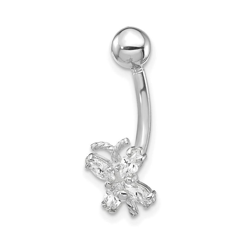 Curata Solid 10k White Gold With Cubic Zirconia Butterfly Belly Ring Dangle (7mm x 21mm)