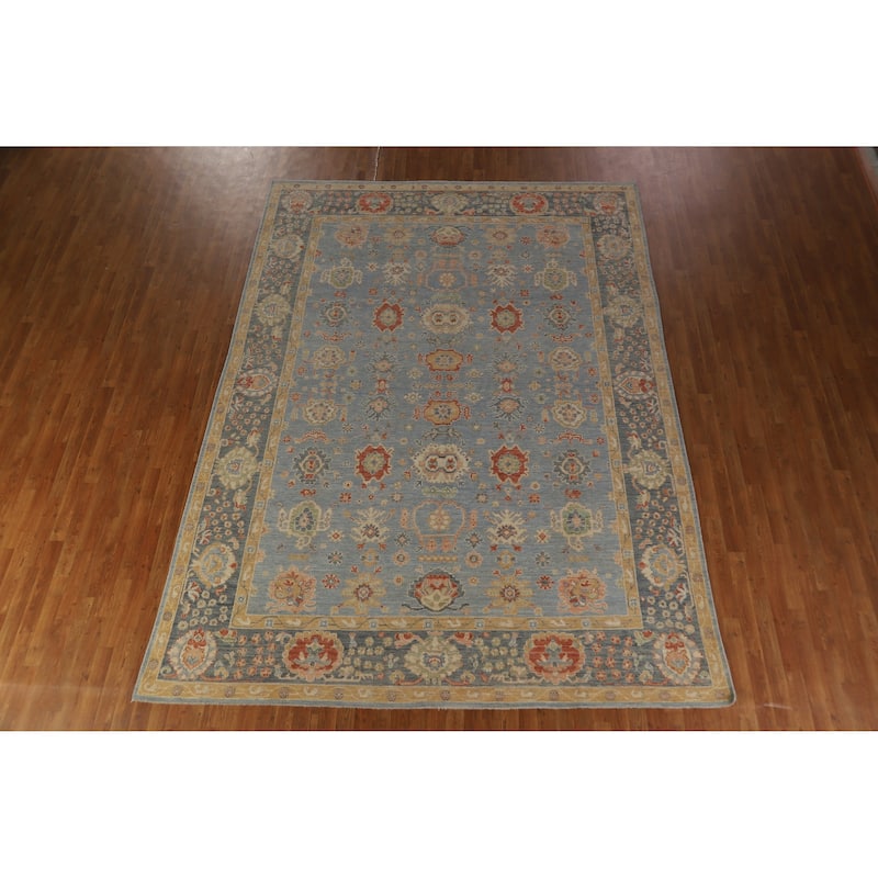 Hand Knotted Oriental 100% Wool Carpet Transitional All-Over Navy Blue & Blues Oushak Area Rug - 12' 0'' X 8' 10''