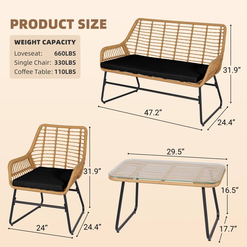 4 Piece Patio Furniture Set, Outdoor Wicker Conversation Set with Loveseat,Chairs and Table - 47.2" W x 24.4" D x 31.9" H