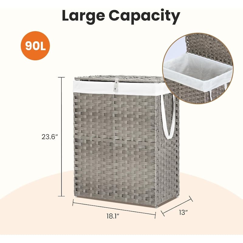 Laundry Hamper with Lid, Synthetic Rattan Clothes Laundry Basket with Lid and Handles, Foldable, Removable Liner