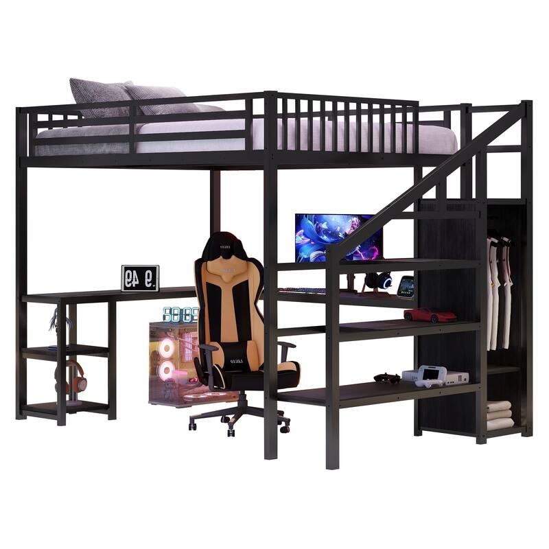 Black Metal Queen Loft Bed w/ Wardrobe & LED Light L Shaped Desk USB for Kids Teens Adults