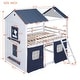 preview thumbnail 7 of 14, Playhouse Design Full over Full Wood Bunk Bed with Elegant and Elaborated Windows, Sills and Tent, Space-saving, Blue+White