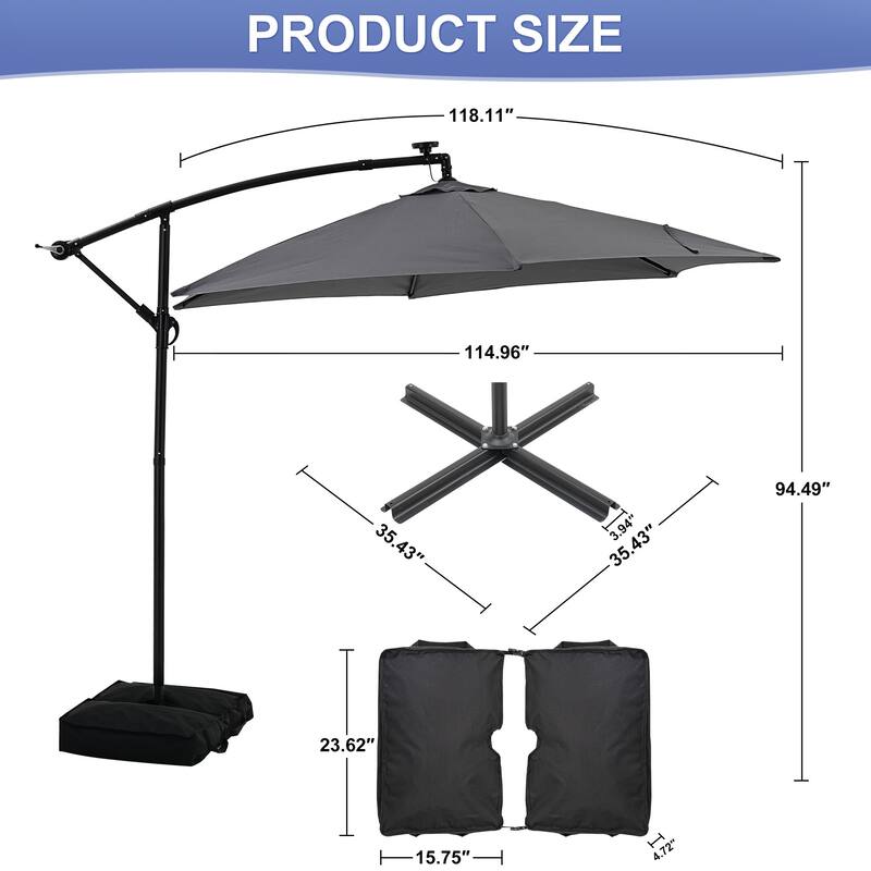 Autlaycil 10ft Offset Hanging Market Patio Umbrella With Base&Solar Lights