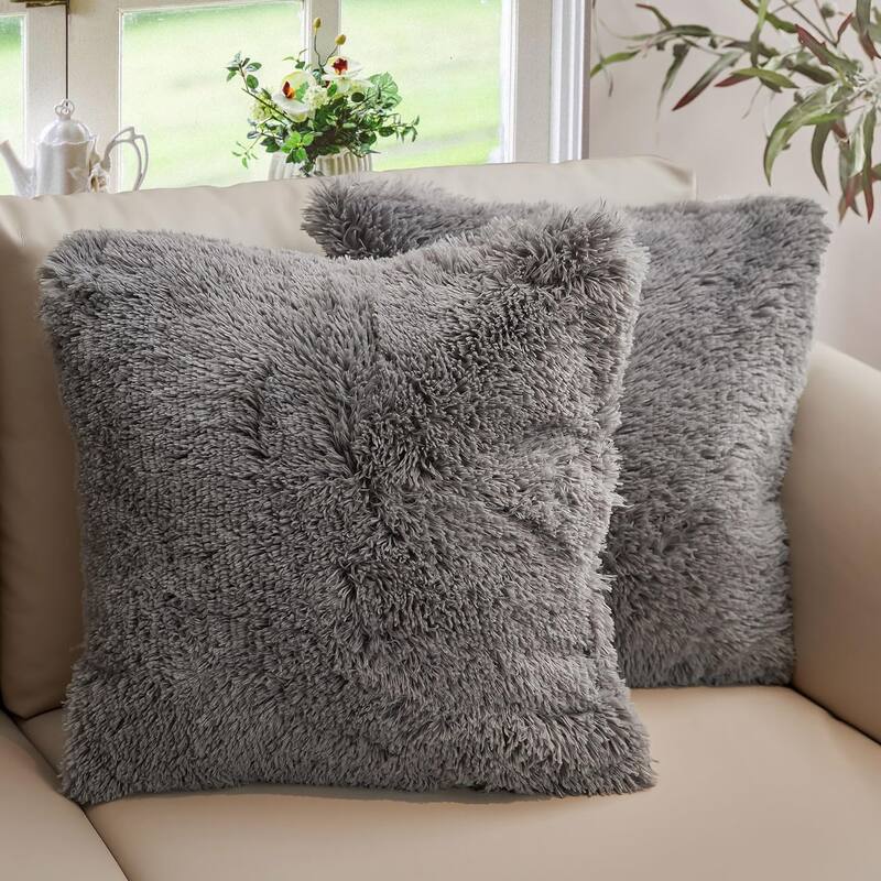 Cheer Collection Super Soft Shaggy Long Hair Throw Pillows Set of 2 Plush Accent Cushions - 18" x 18" - Silver