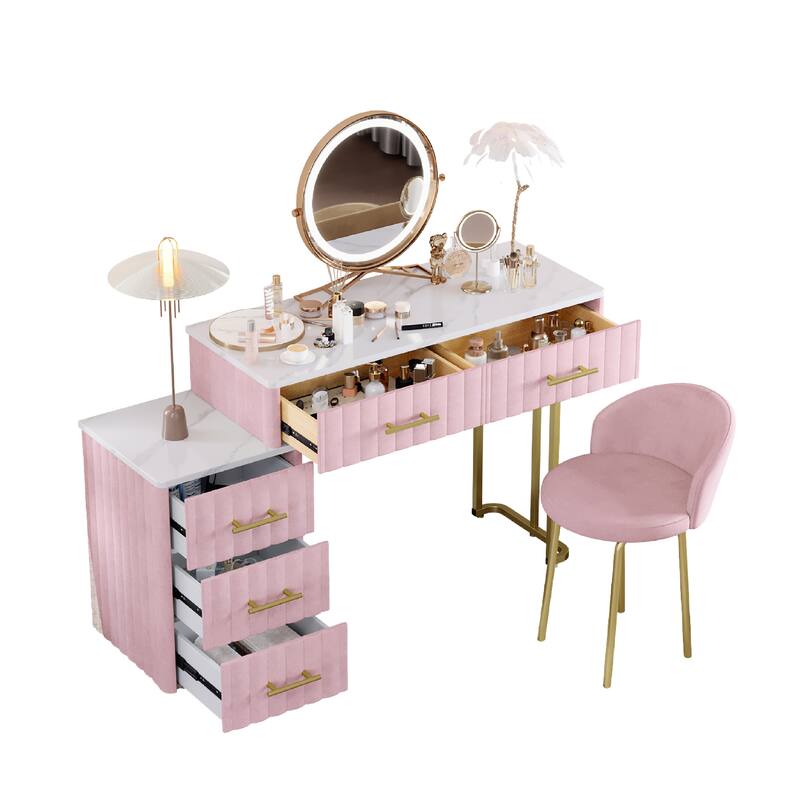 Velvet Upholstered Makeup Vanity Desk with 5 Storage Drawers, Marble-Look Sticker Top Dressing Table and Padded Makeup Chair Set