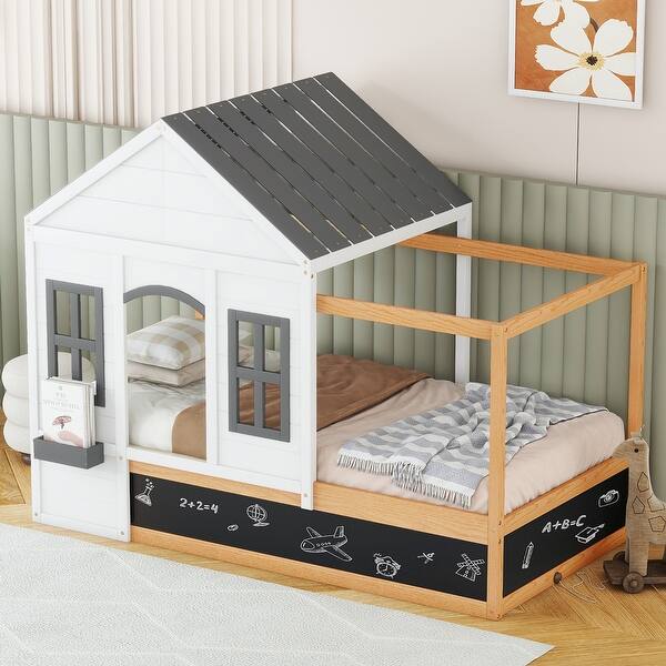 slide 2 of 3, White Twin Size Pine Wood House Shaped Bed with Roof and Window, Blackboard and Little Shelf White