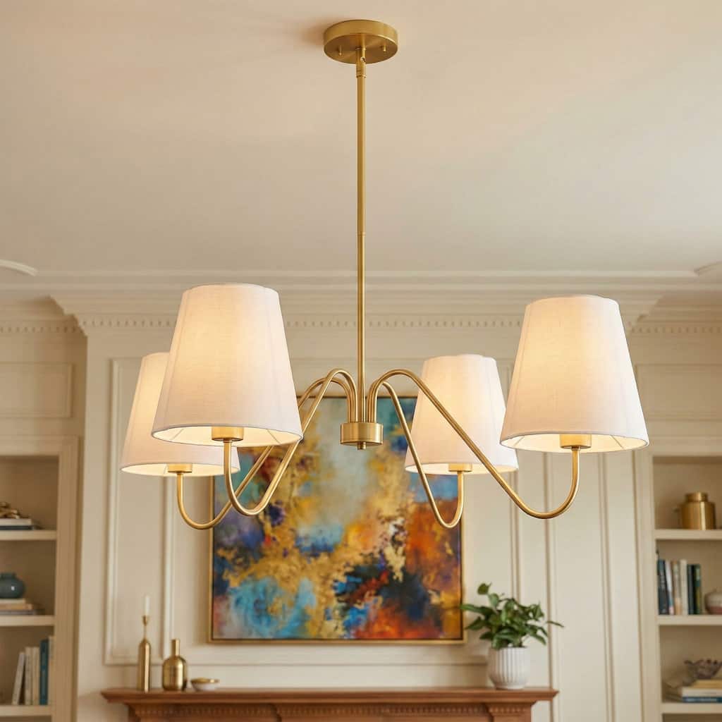 Acroma Mid-century Gold 4-Light Chandelier with Fabric Shade for Dining Room