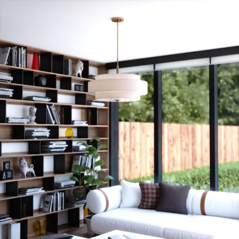 VAXCEL Brentwood Sunset Gold Mid-Century Modern Drum Pendant, White Linen Fabric Shade, Hanging Ceiling Light Fixture