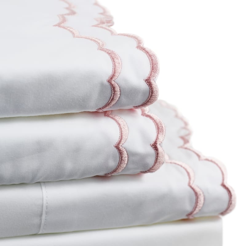 Percale Cotton Double Scalloped Embroidered Crisp Sheet Set - Standard Pillowcases - Rose