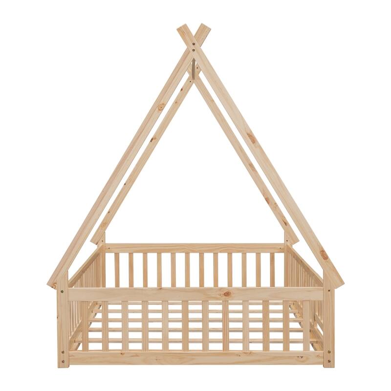 Full Tent-shaped Floor Bed with Guardrails, Slats, Door