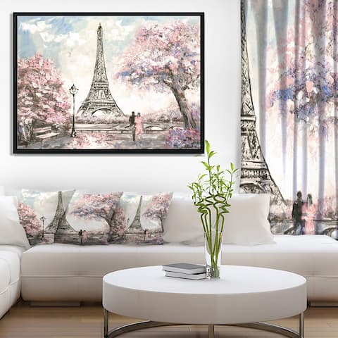Designart "Eiffel with Pink Flowers" Landscape Framed Canvas Art Print