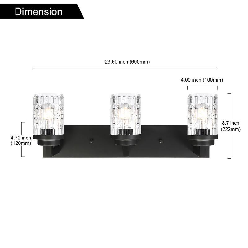 3-Light Bathroom Lighting, Modern Black Vanity Light Fixture Over Mirror, Industrial Fixture with Clear Grid Glass
