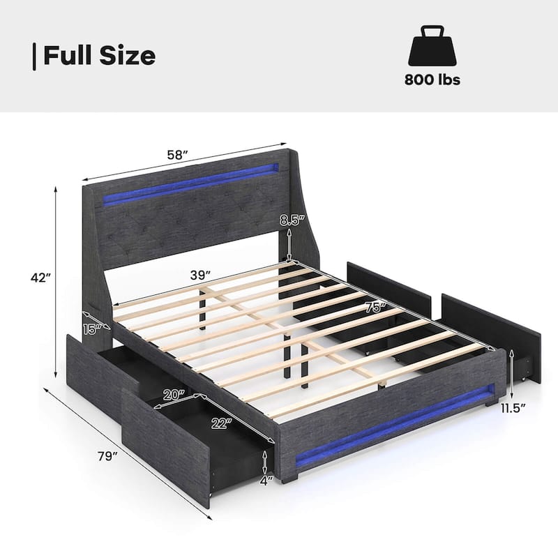 Full Size Bed Frame Upholstered Platform Bed w/ Wingback Headboard - Full