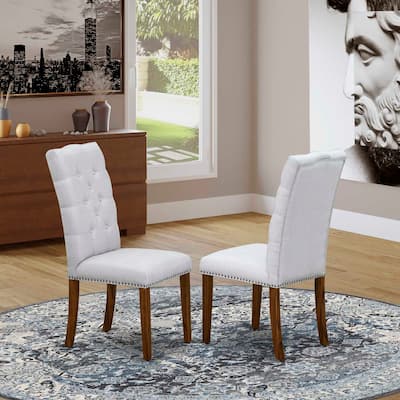 Parson Dining Chair Set of 2 - Grey Fabric, Antique Walnut Legs, Button Tufted Kitchen Chair