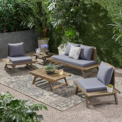 Sedona Outdoor 4 Seater Acacia Wood Chat Set with Side Table and Coffee Table by Christopher Knight Home