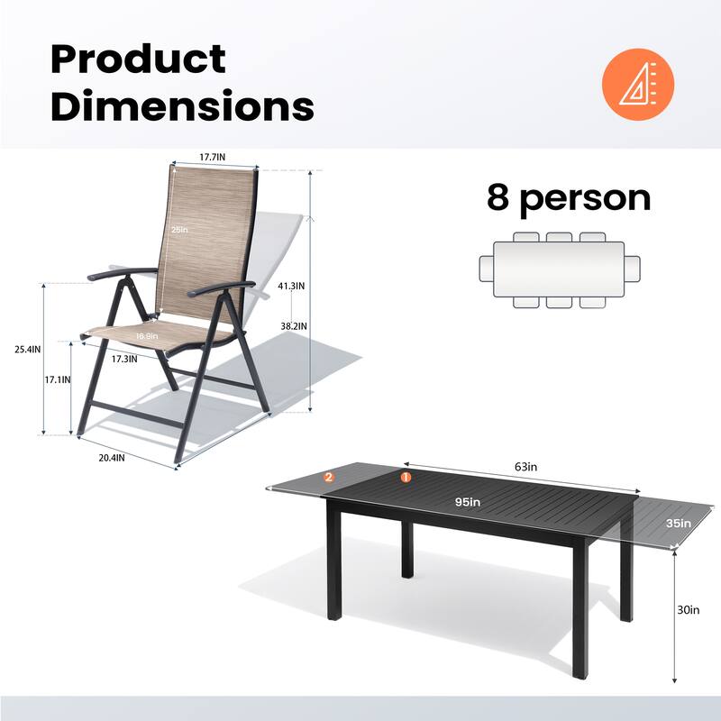 Aluminum Extendable Patio Dining Table Outdoor Rectangular with Durable Adjustable Reclining Folding Chair