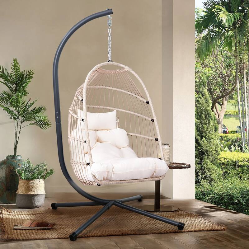 Outdoor Egg Hanging Chair, Swing Chair with Stand & Aluminum-Steel Frame, Patio Rattan Wicker Hanging Swing Egg Chair - Beige