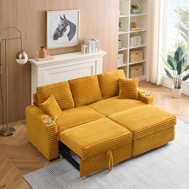 Multi-Function Corduroy Sectional Sofa Hidden Reclining Couch with Storage Ottoman Chaise Lounge, Pillows and Cup Holders