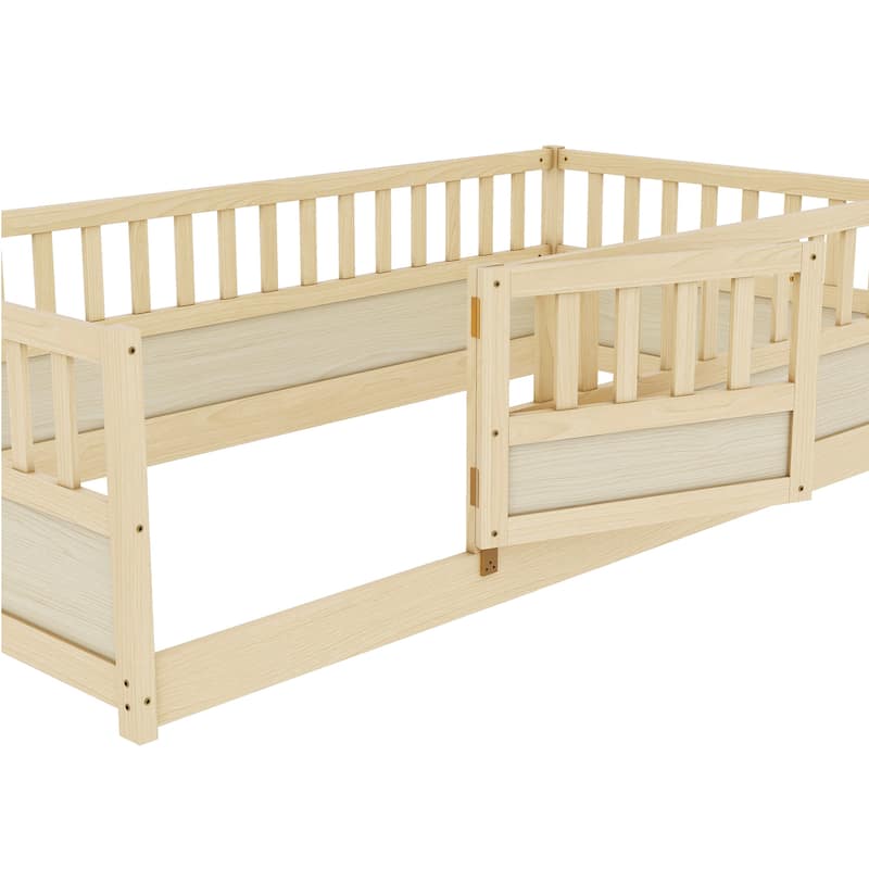 Twin Size Pine Wood Floor Bed, Integral Construction with Super High Security Barrier, Door, Children's Floor Bed Frame