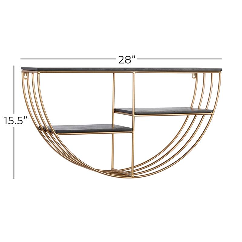 Gold Wooden 3 Shelves Wall Shelf with Half Moon Shape