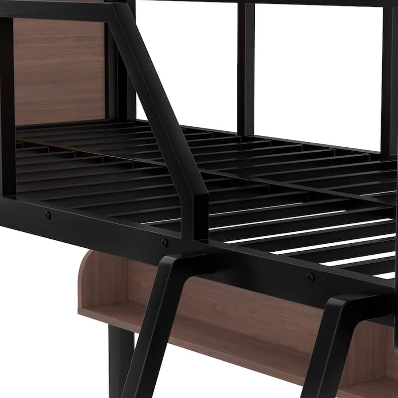 Twin XL over Queen Bunk Bed with Storage Shelves, Lights and Noise-Free Design