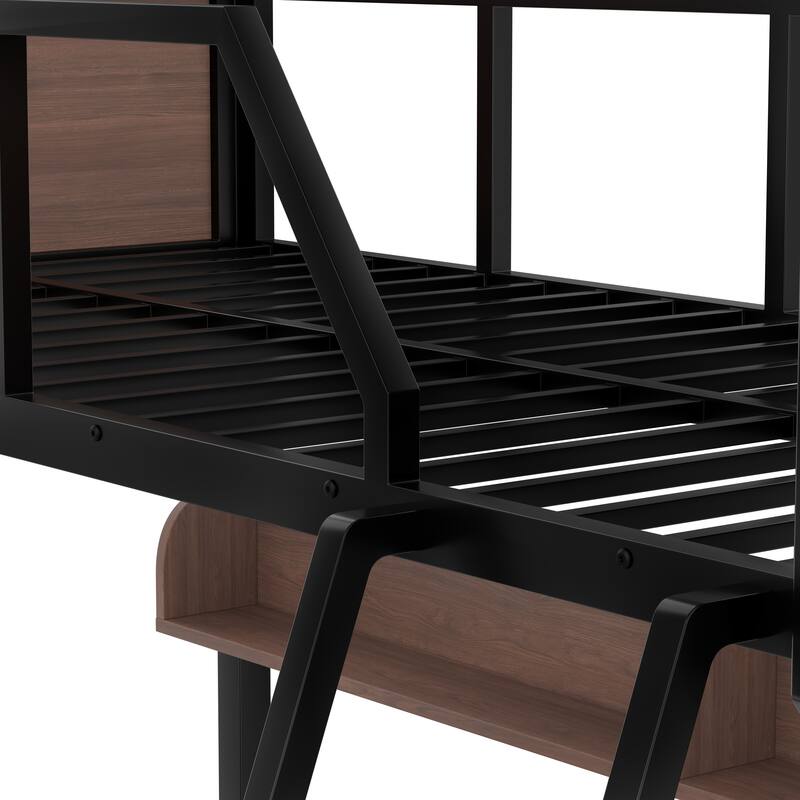 Twin over Full Bunk Bed, Metal Bunk Bed with Storage Shelves and Lights, Space-saving & Noise-free Design, Black