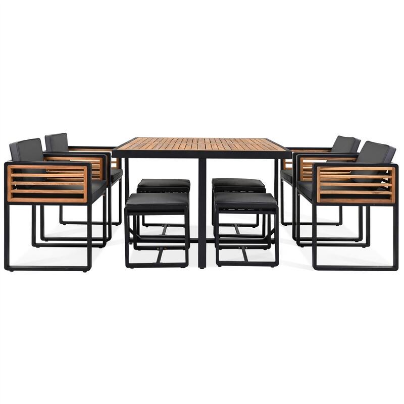 9-Piece/18-Piece Acacia Wood Patio Dining Set, Outdoor Dining Table Set with Cushioned Chairs, Ottomans and 1 Square Table