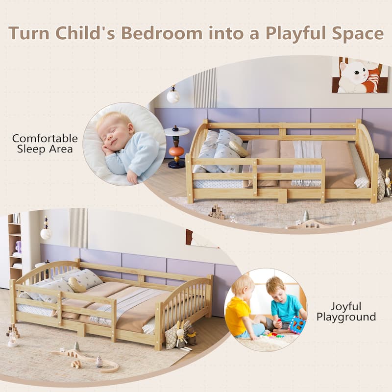 Solid Wood Floor Bed Montessori Bed with Safety Guardrails Without Door