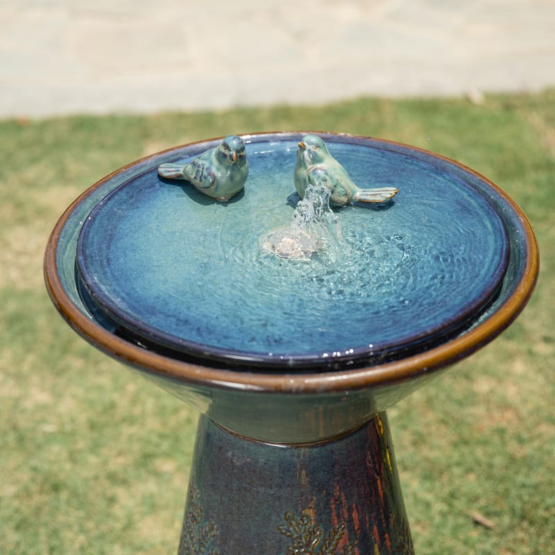 Glitzhome 27.5"H Two Birds Embossed Ceramic LED Birdbath Patio Outdoor Fountain