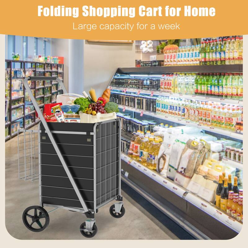 Foldable Grocery Shopping Cart w/ Brake & Double Basket and 360 Rolling Swivel Wheels