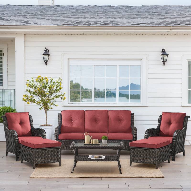 Outdoor Patio Chairs with Sofa Ottoman Table - Brown - Red