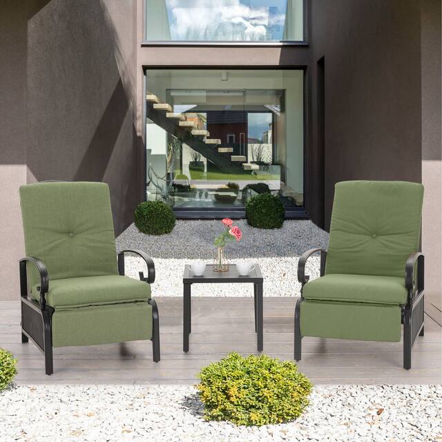 Outdoor Adjustable Cushioned Metal Patio Recliner Lounge Chair - Green + Table 2