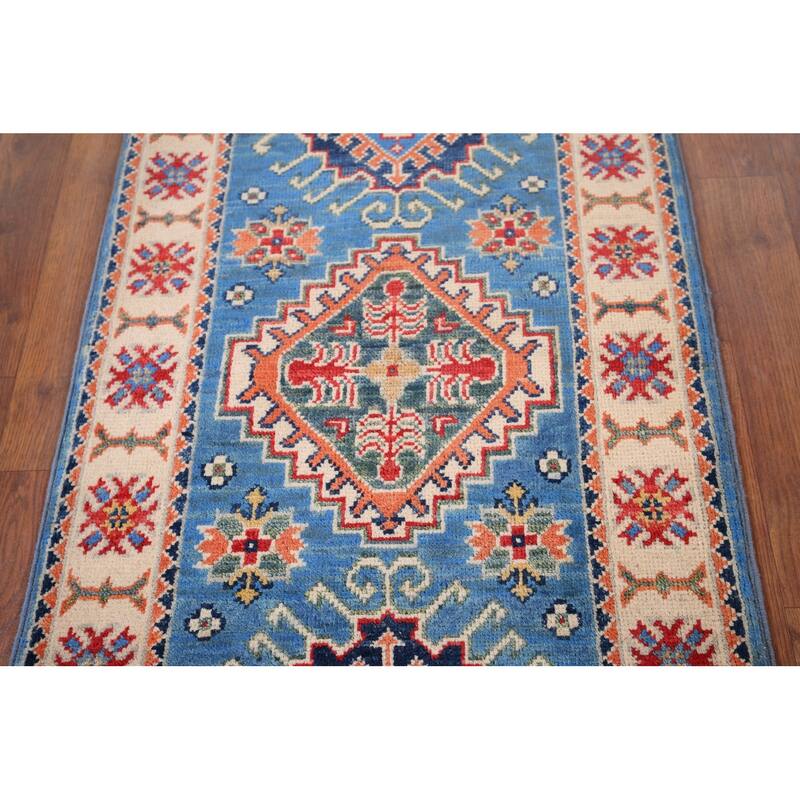 Blue Kazak Oriental Accent Rug Hand-Knotted Wool Carpet - 2'0" x 3'1"