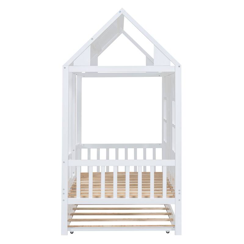 House Platform Bed With Twin Trundle, Wooden Daybed Frame with Rails, Roof and Windows, for Kids Girls Boys