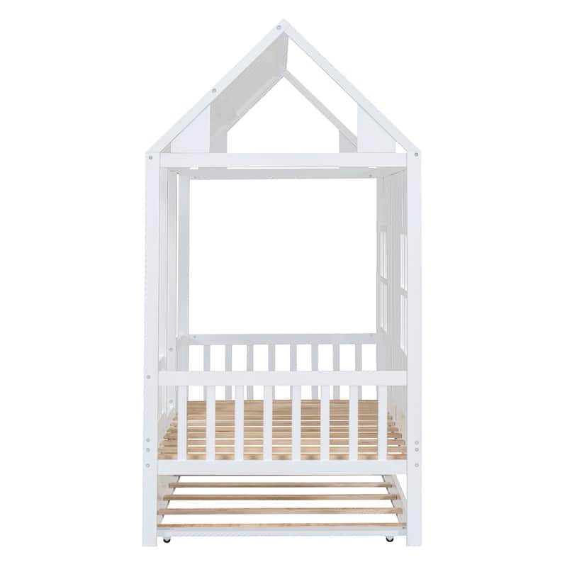 Roomfitters Full/Twin Size Wood House Bed with Twin Trundle, Modern Daybed Frame with Roof Design
