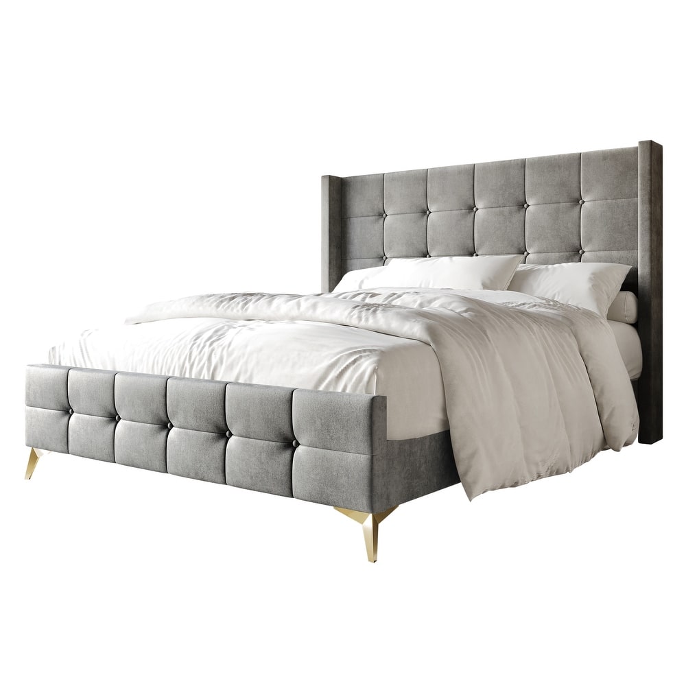 CraftPorch Luxurious Square Button-Tufted Wingback Velvet Upholstered Bed