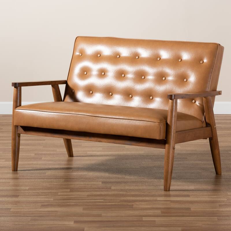 Sorrento Tan Faux Leather and Walnut Finished Wood Loveseat
