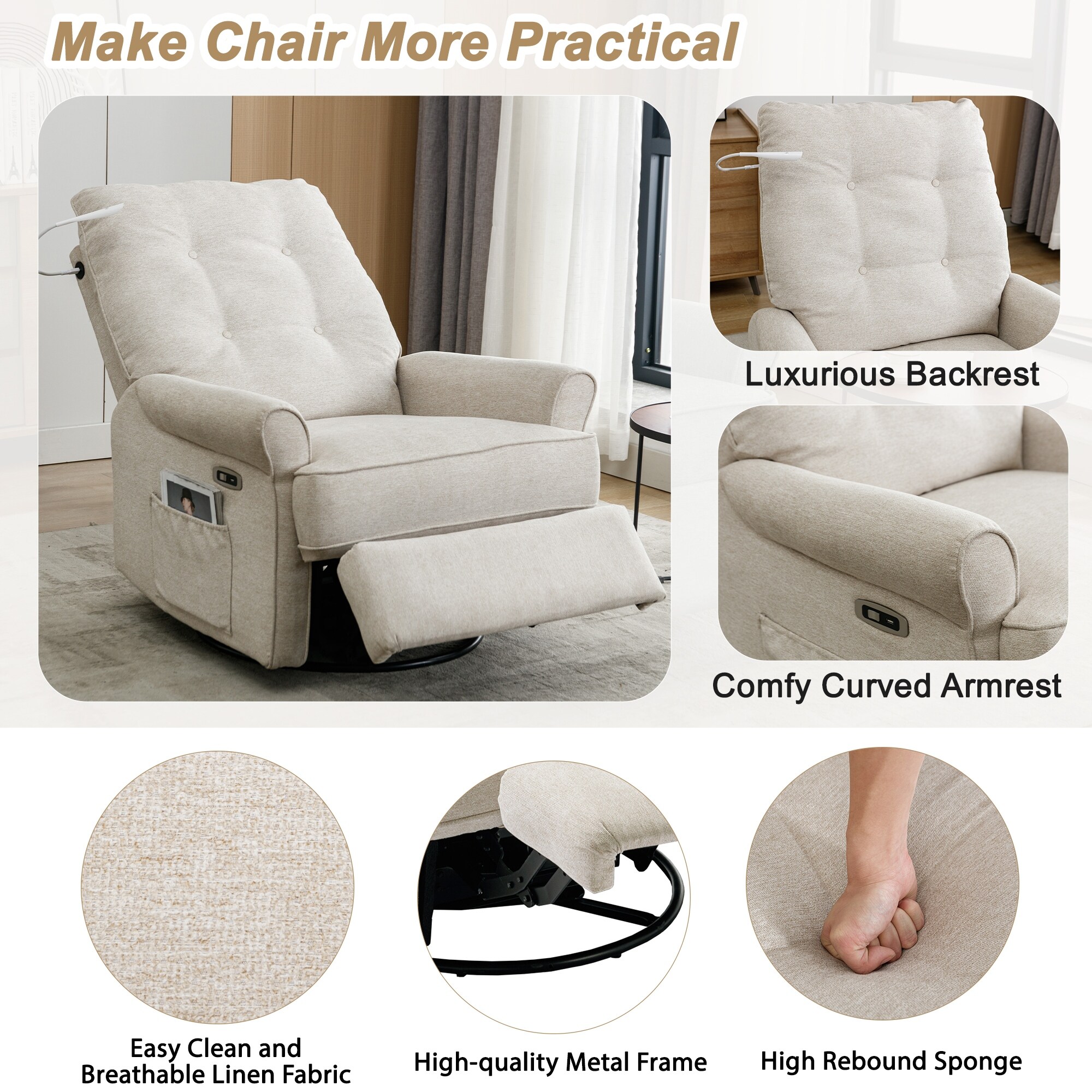 Multifunctional Modern Leisure Swivel Recliner Reading Chair