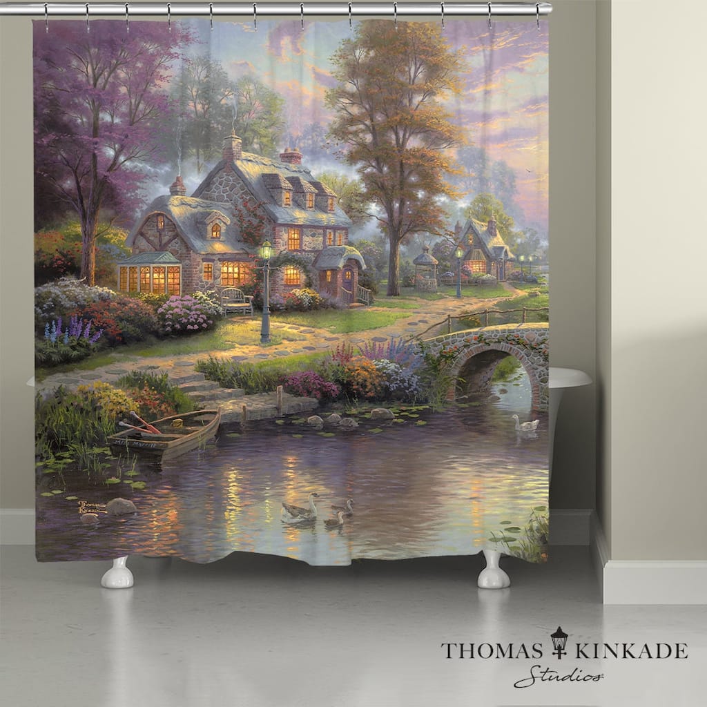Thomas Kinkade Sunset on Lamplight Lane Shower Curtain by Laural Home
