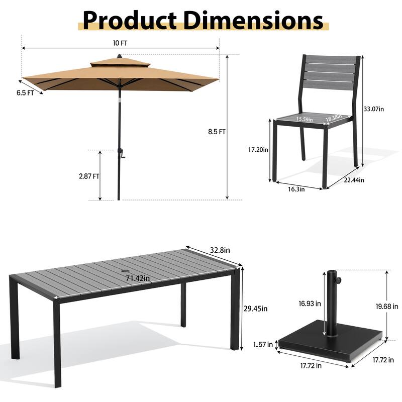 Set of 9 Outdoor Patio Dining Set WoodLike Aluminum Umbrella Hole Table with Stackable Chairs, Market Umbrella Set