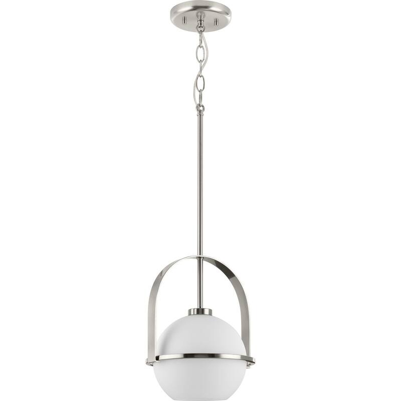 Delayne Collection One-Light Mid-Century Modern Brushed Nickel Etched Opal Glass Pendant Light - 9.37 in x 9.37 in x 12.37 in