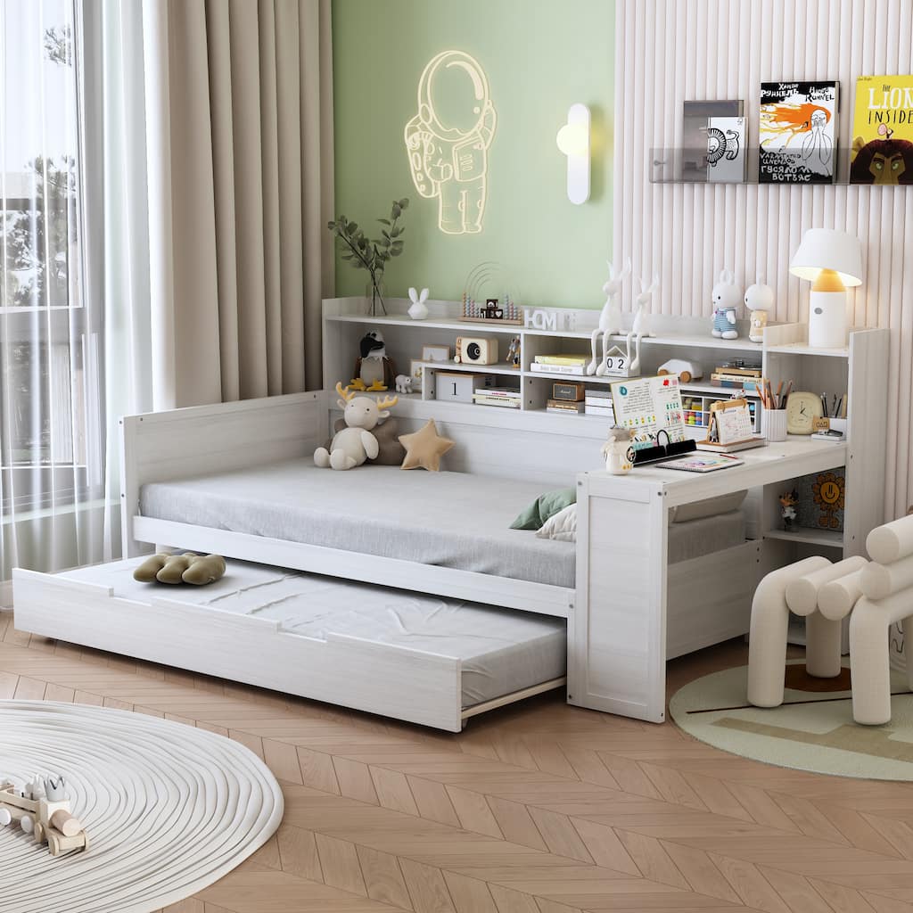 Roomfitters Daybed with Trundle, Storage Shelves and Desk, Wooden Multi-Functional Bed, Antique White