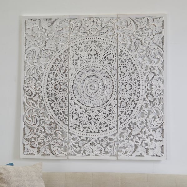 slide 2 of 14, Brown or White Wooden Handmade Intricately Carved Floral Home Wall Decor with Mandala Design (Set of 3) White - 16"W, 48"H