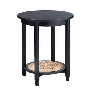 Round Mindi Wood and Rattan Black Accent Table