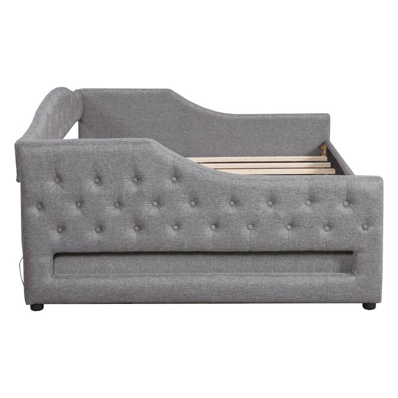 Full XL Upholstered Daybed with LED Lighting and Trundle, Gray
